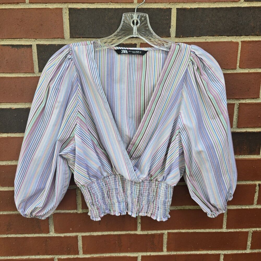 Zara Women Small V-neck 3/4 Sleeve Blouse Striped Cotton Blouse Shirt Top
